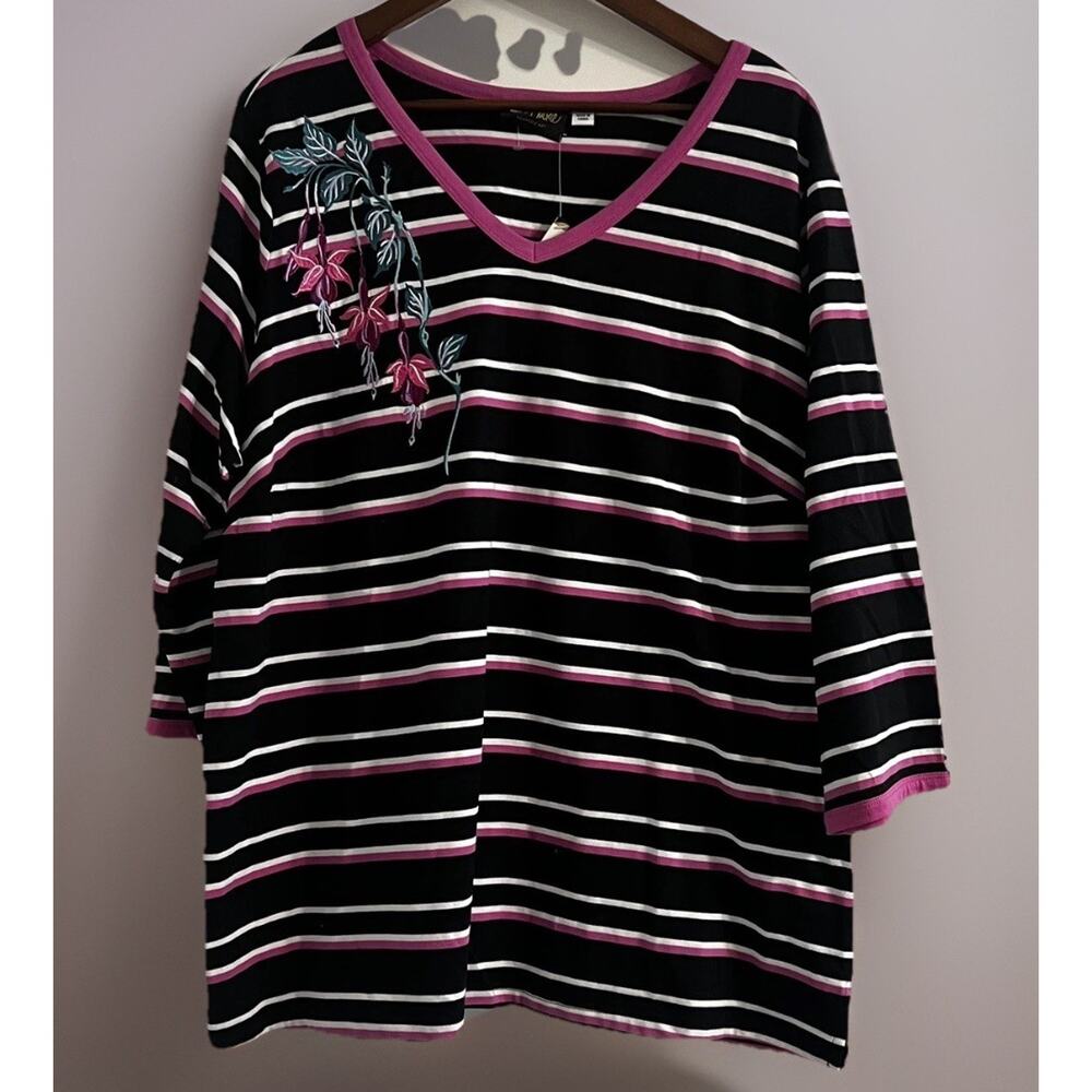 Bob Mackie Wearable Art Striped Top 2X Pink Flower Embellished Blouse Artsy Boho